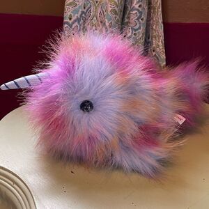 Aurora NARWHAL purple blue yellow long Fur 13” plush 2019 blue striped horn.